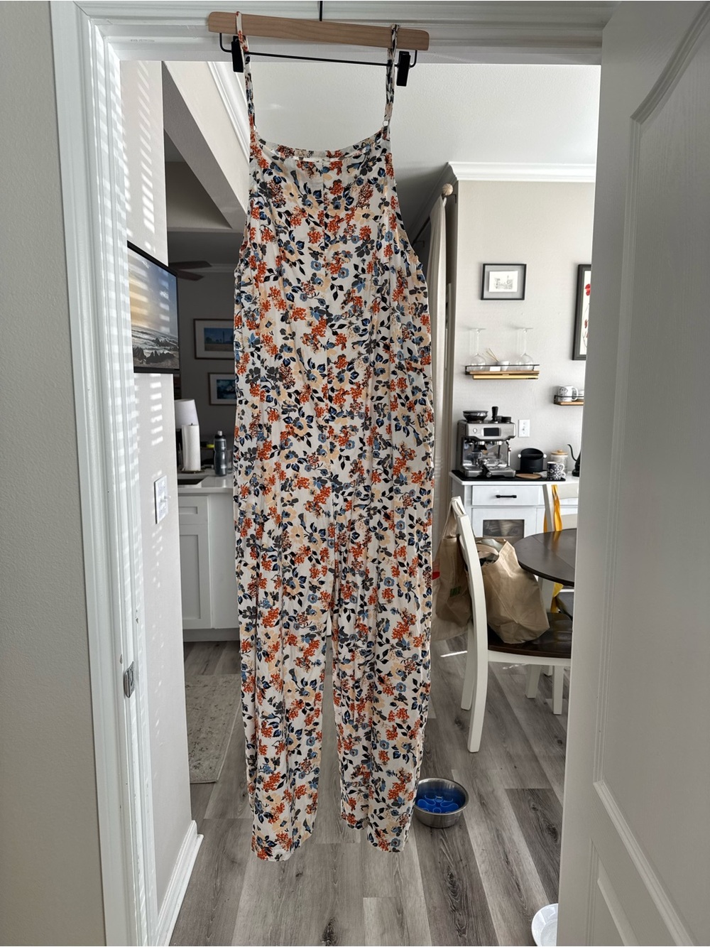 Floral Spaghetti-Strap Jumpsuit in Cream with Orange & Blue Print